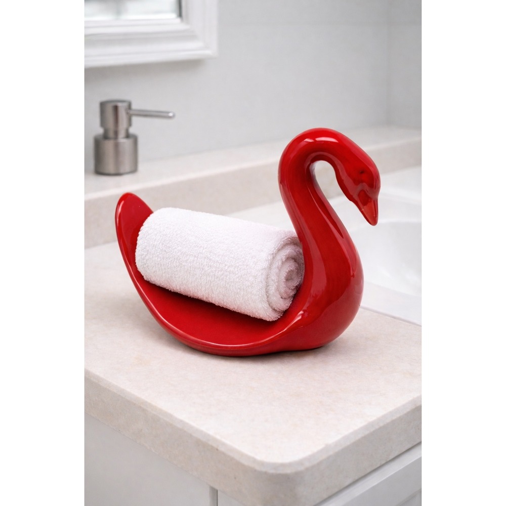 Vintage Vohann CA Red Ceramic Swan‎ Towel Holder MCM Bathroom Decor Palm Springs